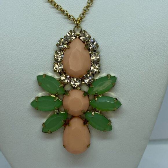 Gold-Tone Pink Green Gemstone Rhinestone Necklace - Picture 2 of 7